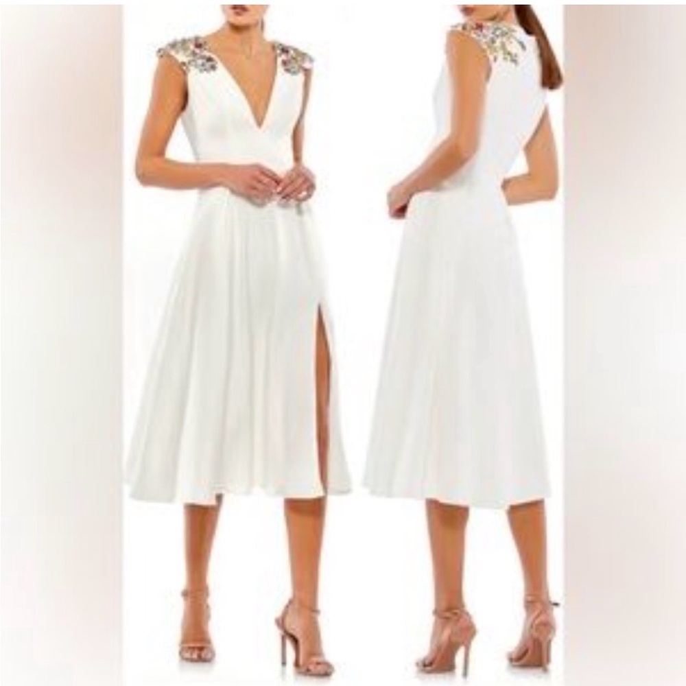 NWT Mac Duggal White Midi Dress with Floral Gems - Picture 7 of 7